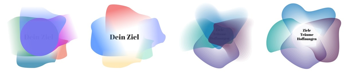 The image shows four organic shapes, each of which consists of several organic surfaces of different colors and different opacity. In the center of the shapes, all of these surfaces overlap, obscuring the words placed there in two of the four shapes. The opacity of the surfaces is lower in the other two shapes, so the words are not obscured.