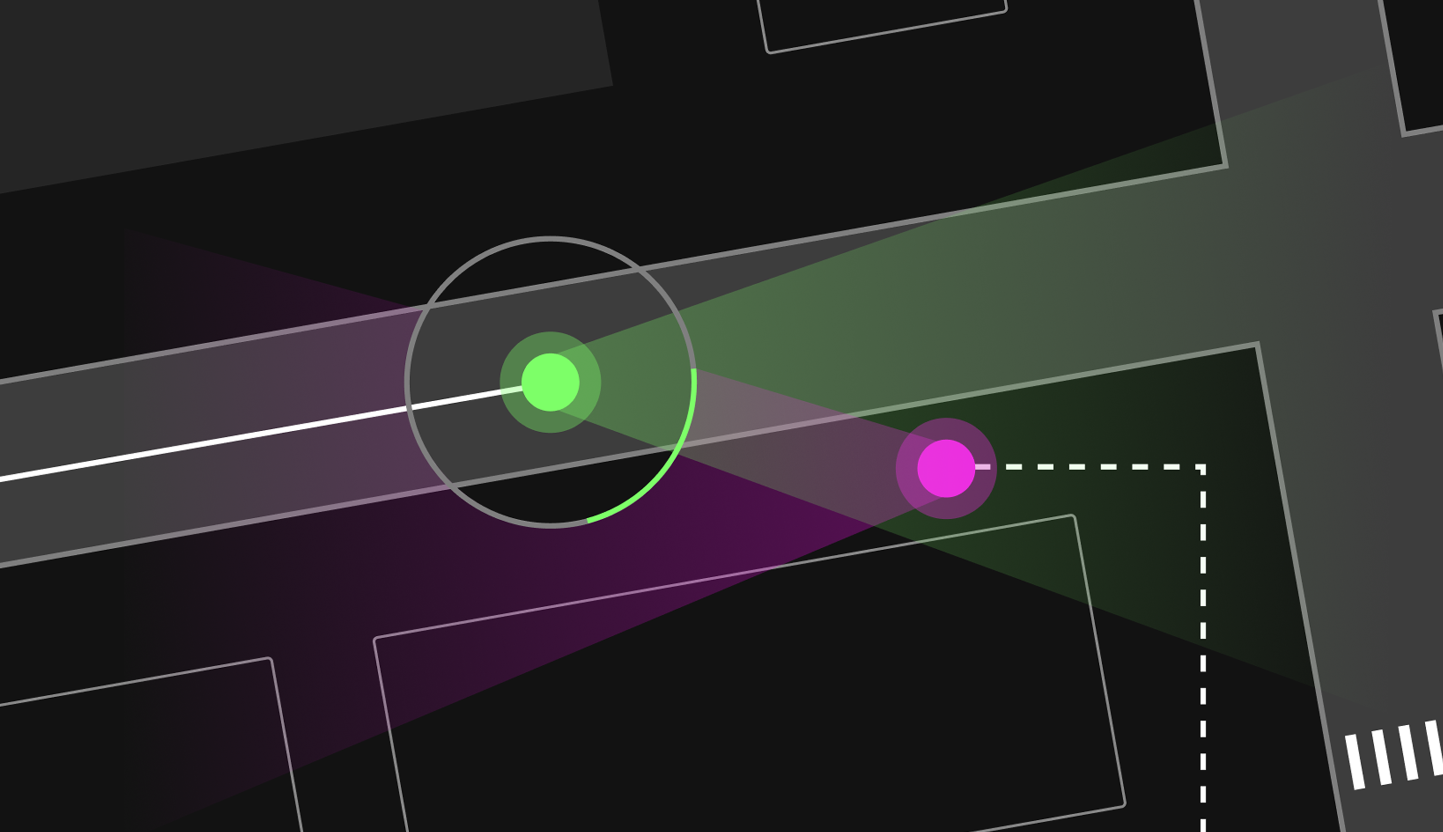 Stylized Illustration of two persons as dots looking at each other. One has a ring, blocking the view of the other person. This explors the idea of “Can I block or cover my ex-partner on the street? Am I allowed to block or alter people?”