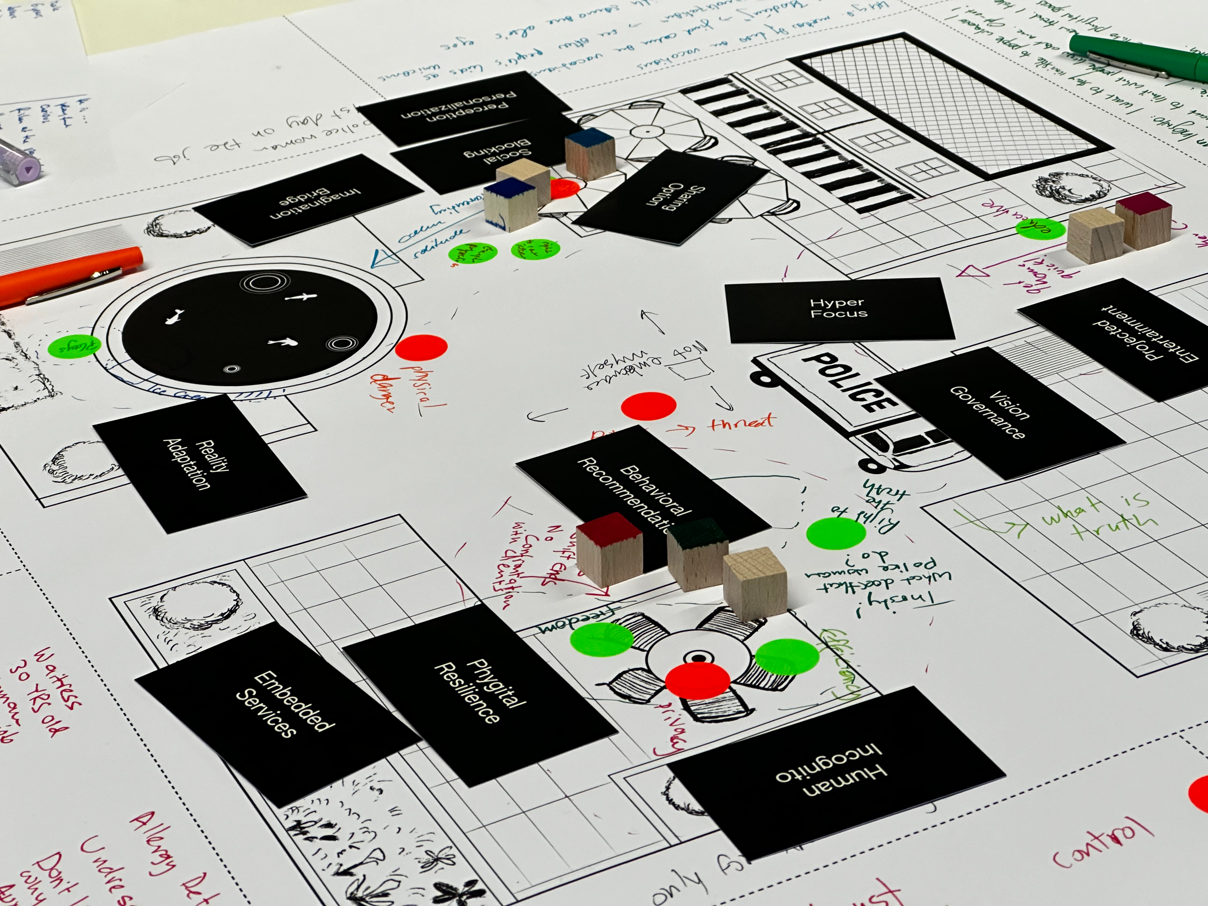 Closeup of the map, with vocabulary cards scattered across and a lot of comments and notes written on that map, along with a few circular stickers and wooden cubes.