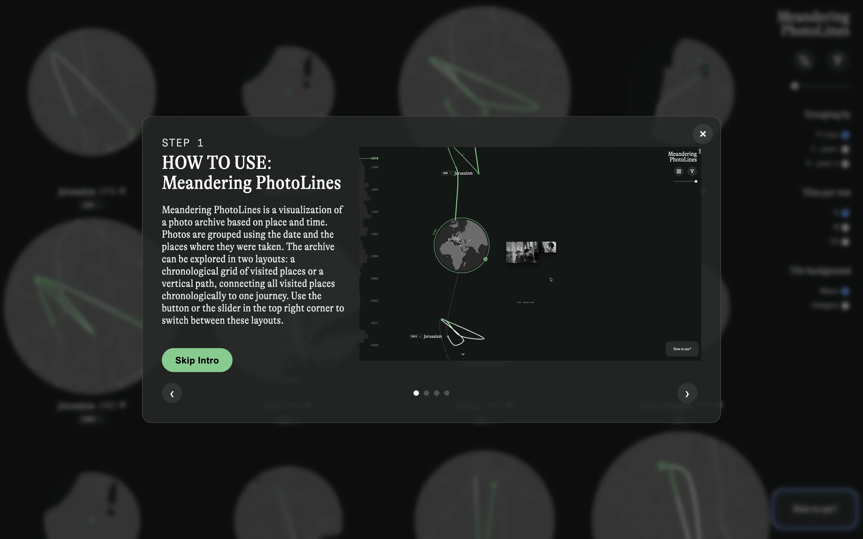 Onboarding start screen of Meandering Photo Lines.