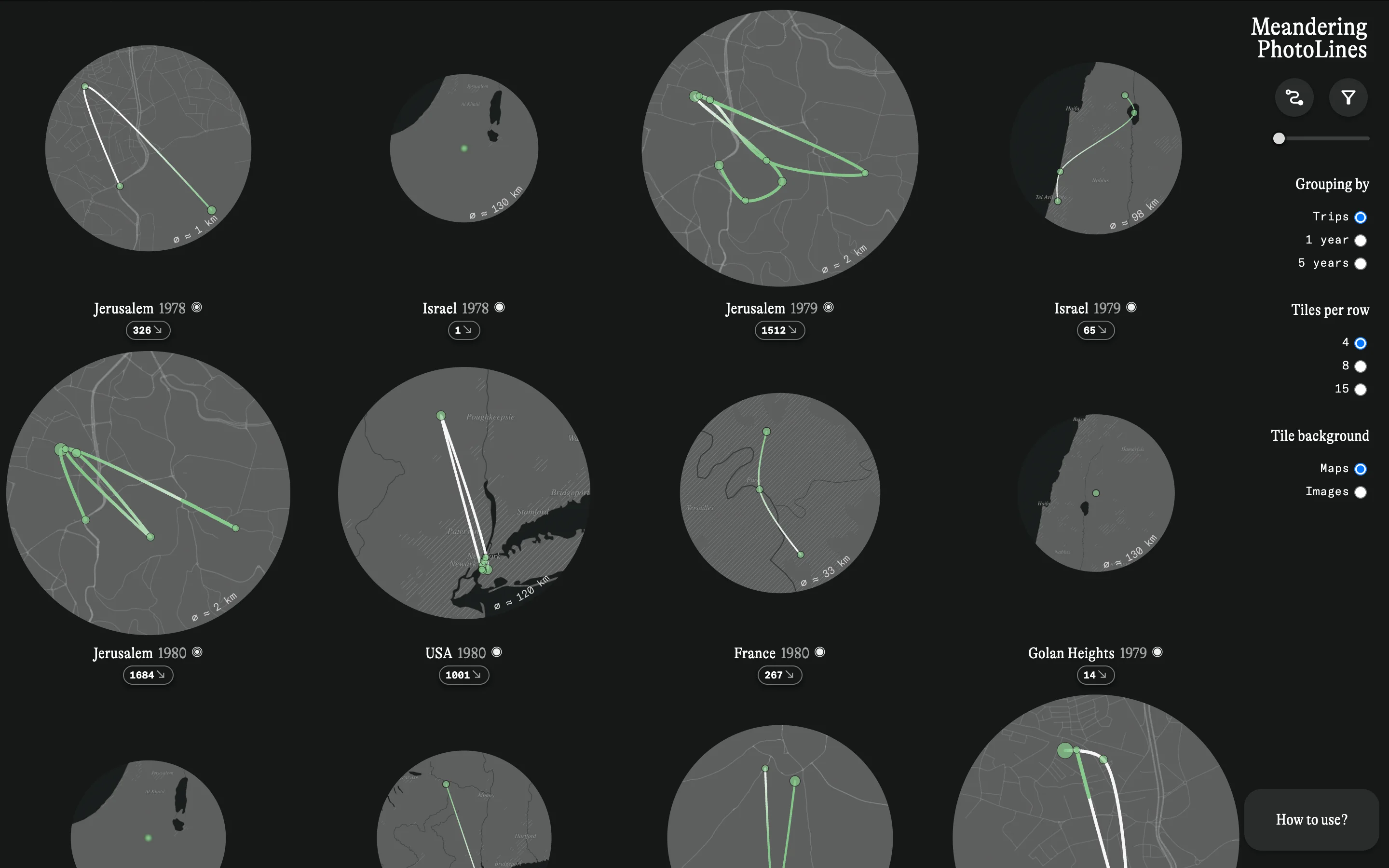 Basic »aligned grid« arrangement, showcasing journey fragments as circular miniature maps clustered by trips (spatial and temporal proximity).