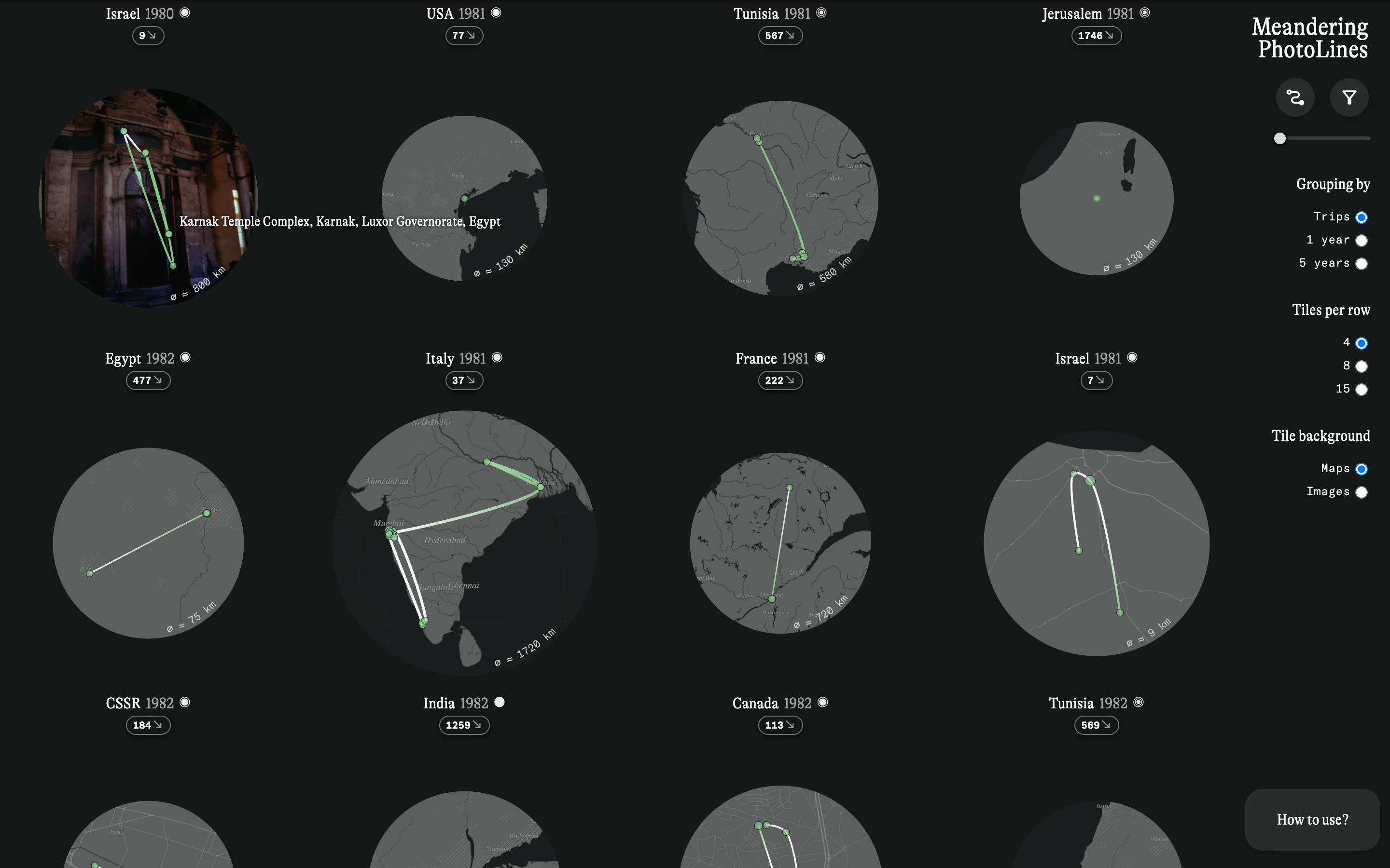 Hovering over a map in the grid arrangement displays preview images in the background and shows location labels.