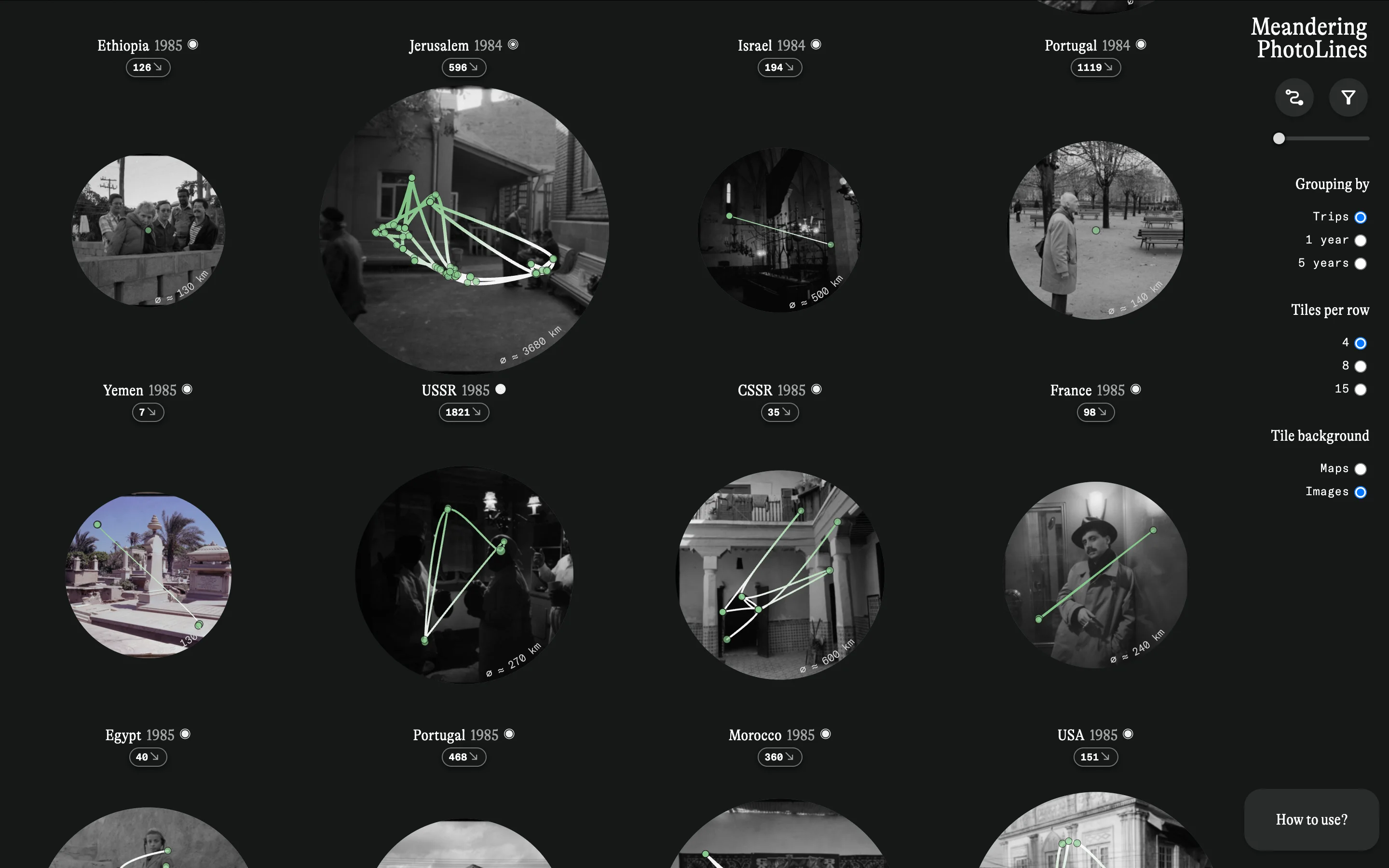 Grid arrangement with image backgrounds instead of maps.