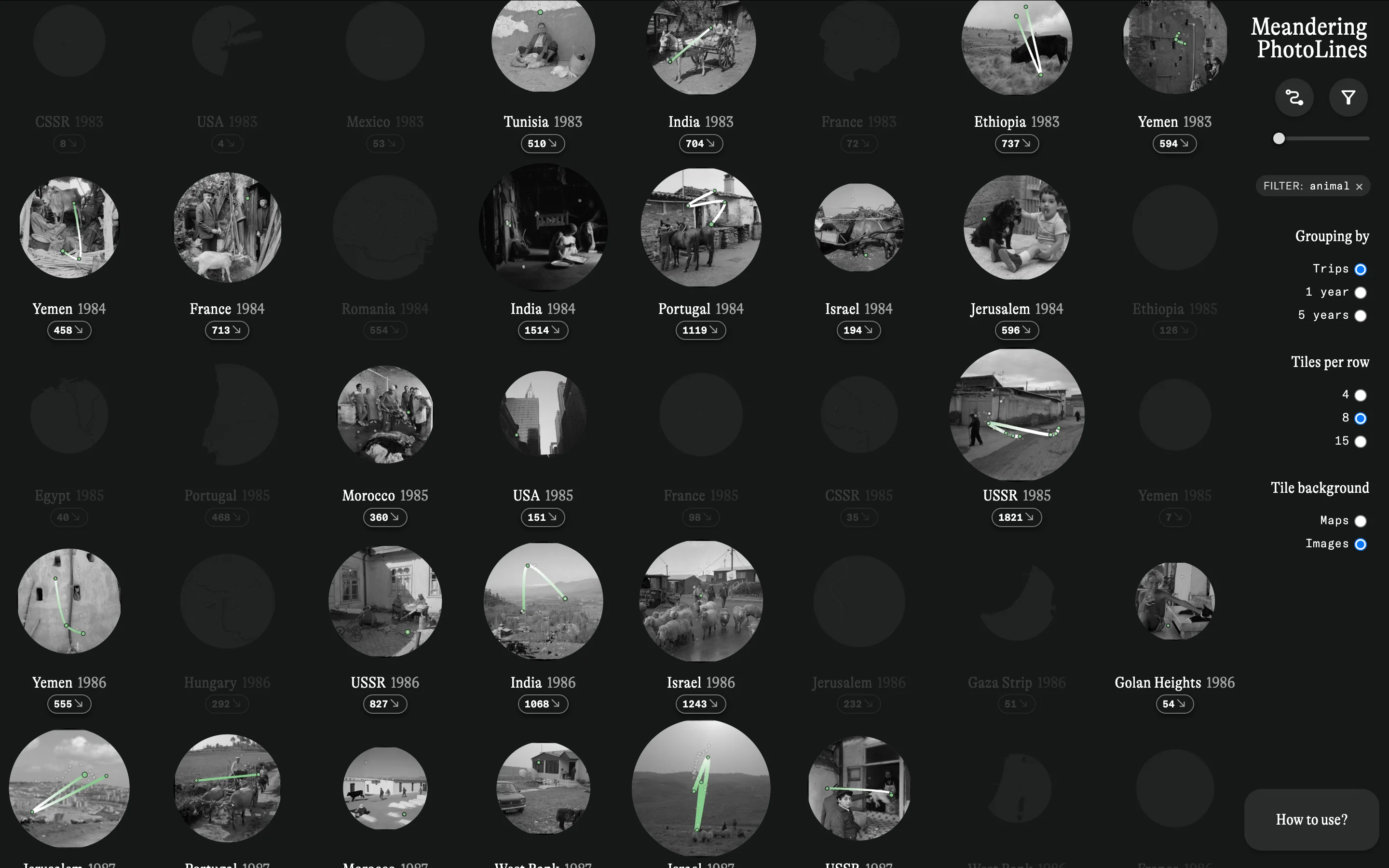 Grid arrangement with the »animal« filter activated, eight fragments per row, and image backgrounds, highlighting only fragments and places associated with the keyword “animal”.