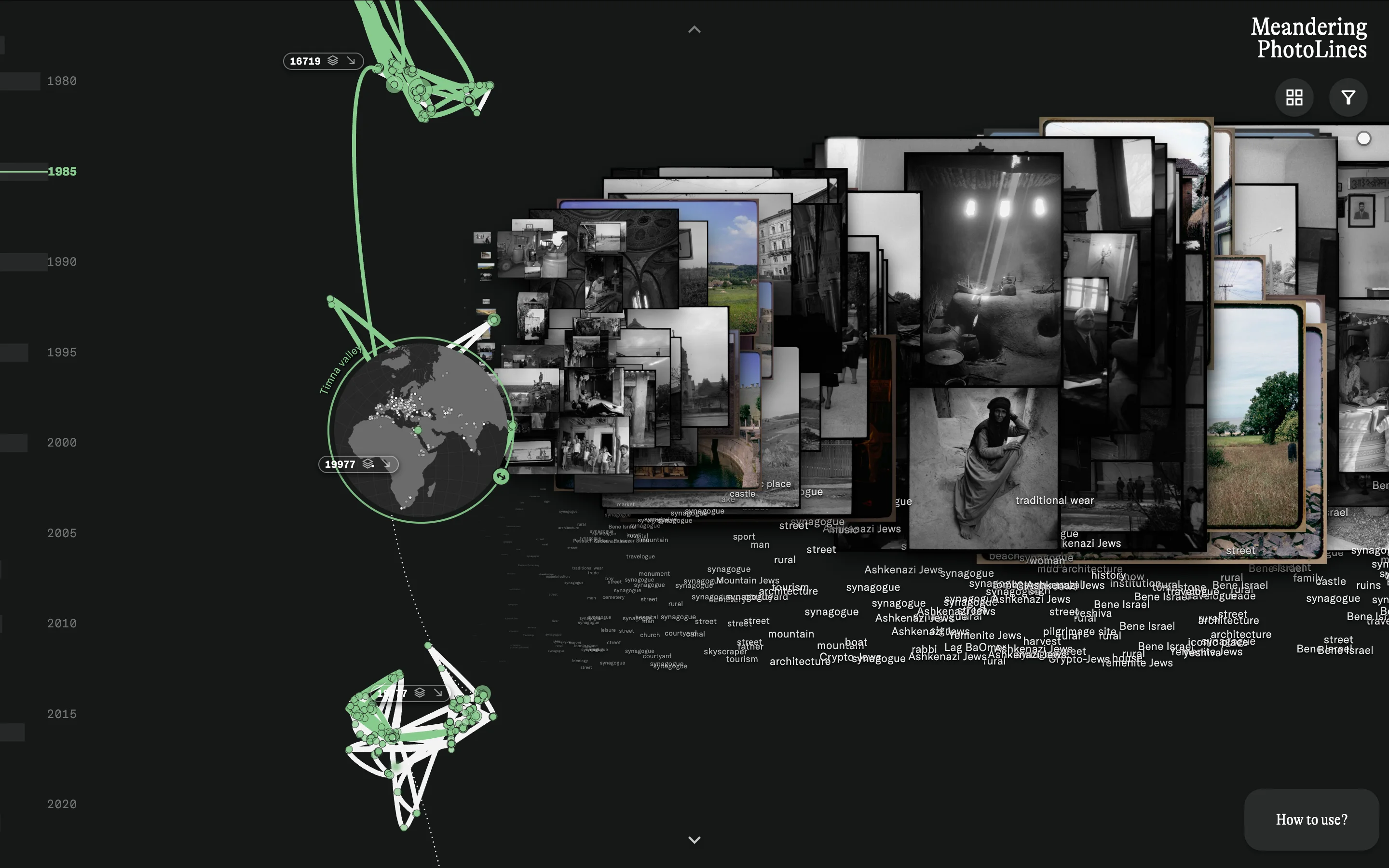 Path arrangement clustered by five years, showing denser paths as well as a denser image and keyword stream.