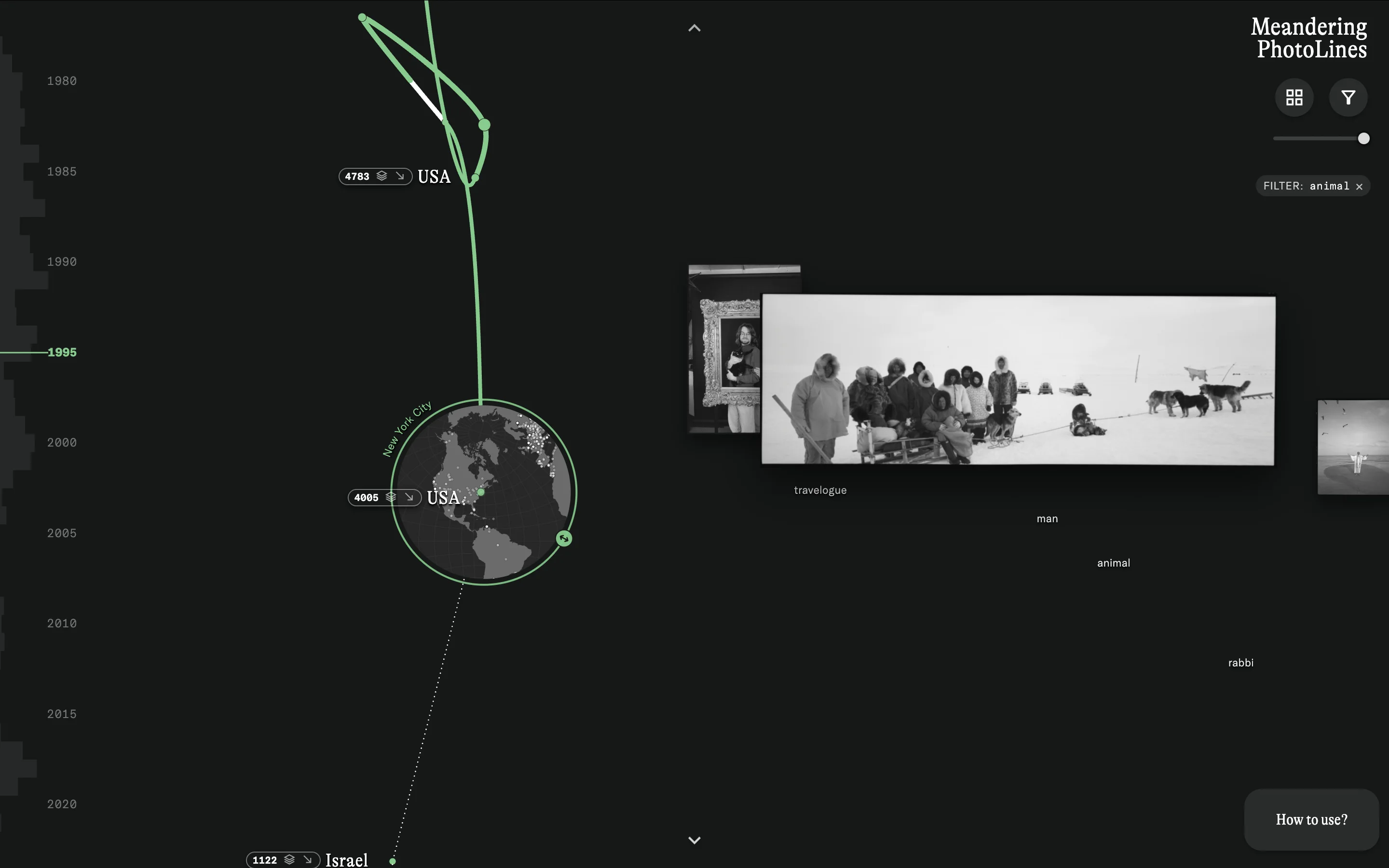 Path arrangement with the »animal« filter activated, displaying a newly constructed path based on images associated with the keyword “animal”.